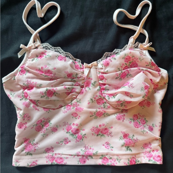 Tops - Floral Pink Crop Top with Lace Trim